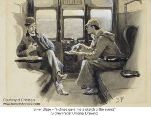 Photo of original Sidney Paget drawing for Sherlock Holmes story "Silver Blaze," with Holmes and Dr. Watson in a railway carriage. Captioned in The Strand Magazine as "Holmes gave me a sketch of the events" and offered at auction at Christie's NY in June 2014.